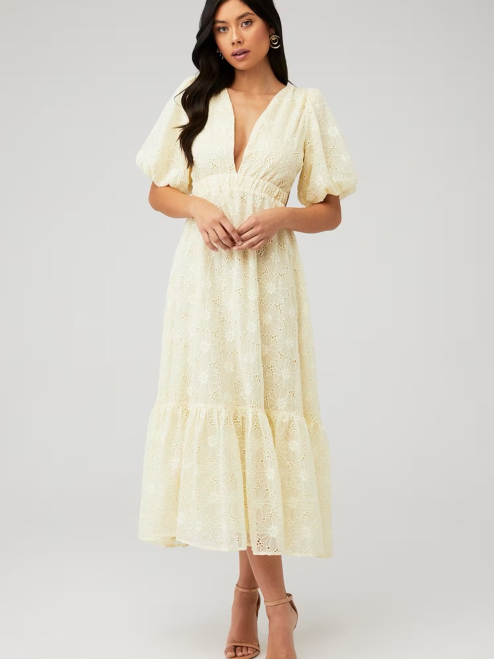 Astr Cream Eyelet Maxi Dress with Puff Sleeves